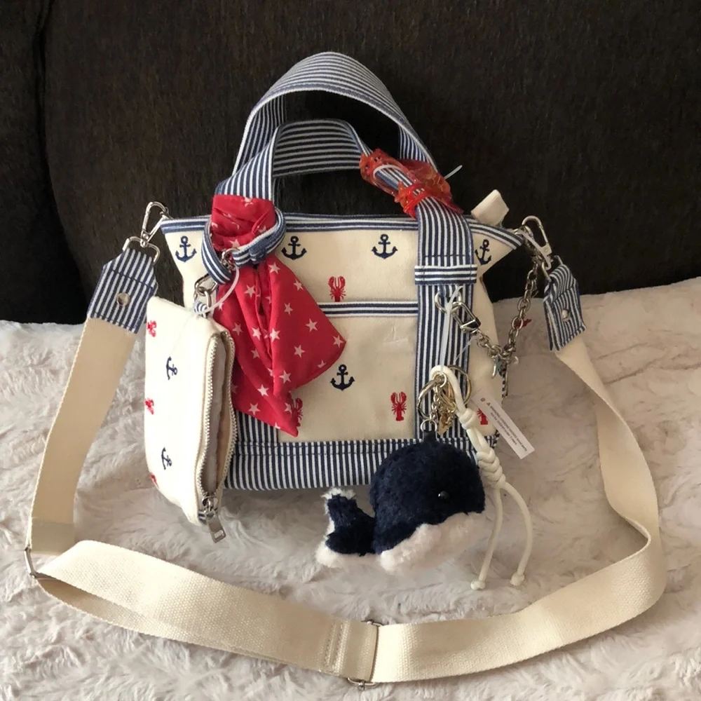 Nautical Anchor Print Cream Canvas Crossbody Bag Mini Tote with Red Scarf - Picture 1 of 14